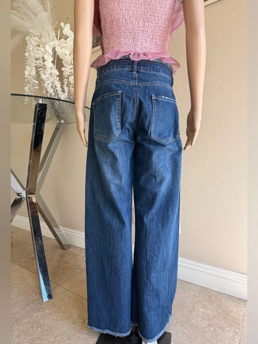 Wide Leg Distressed Dark Blue Women's Jeans - Picture 2 of 4